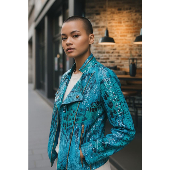 Frank Lyman Design Jackets & Blazers - Frank Lyman Design Turquoise Python Snake Print Open Front Moto Jacket Gold Zips